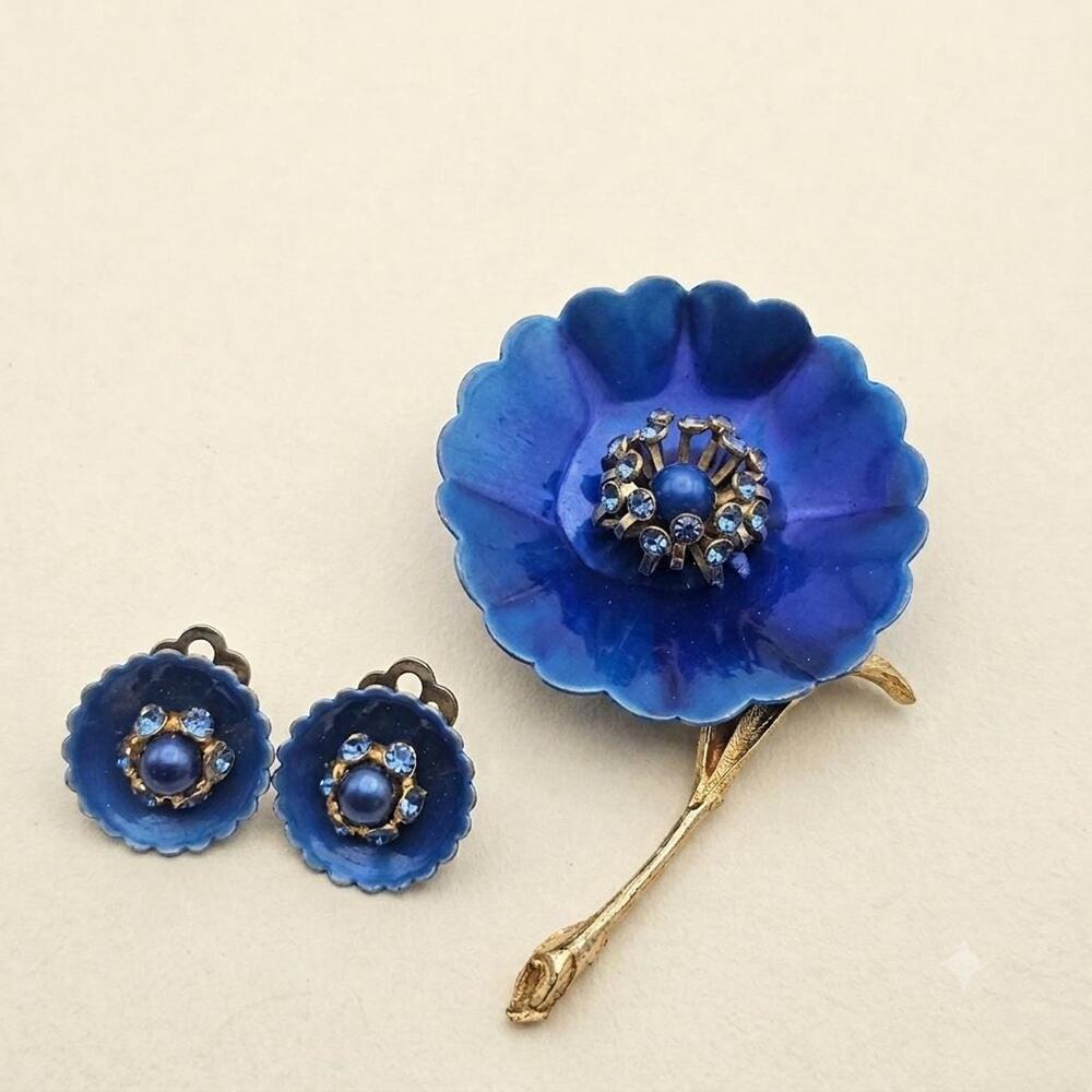 Vintage Blue Enamel Floral Brooch and Clip On Earrings Set, 1960s Retro